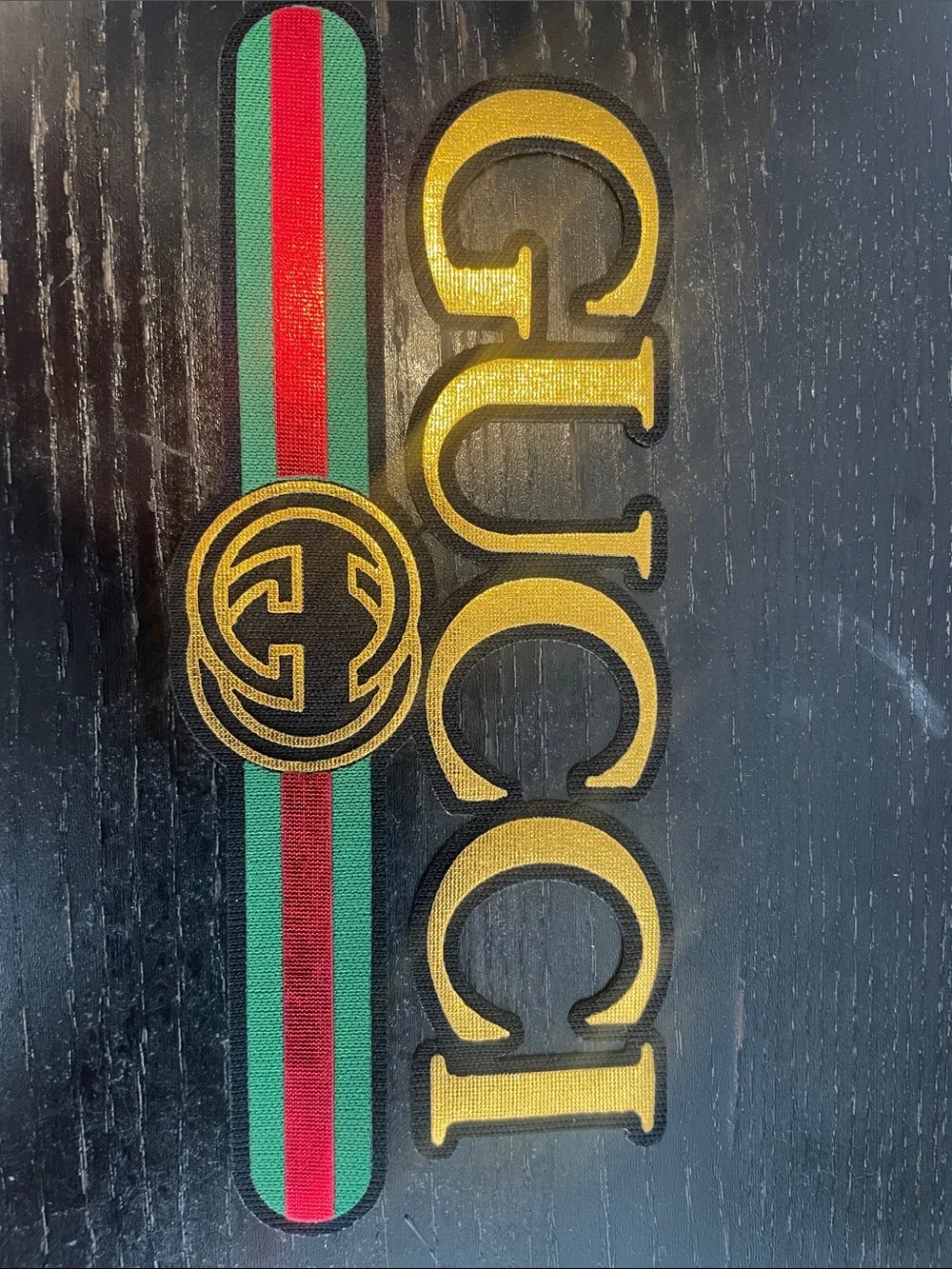 Gucci Green and Red Web Stripe Patch with Gold Logo Letters